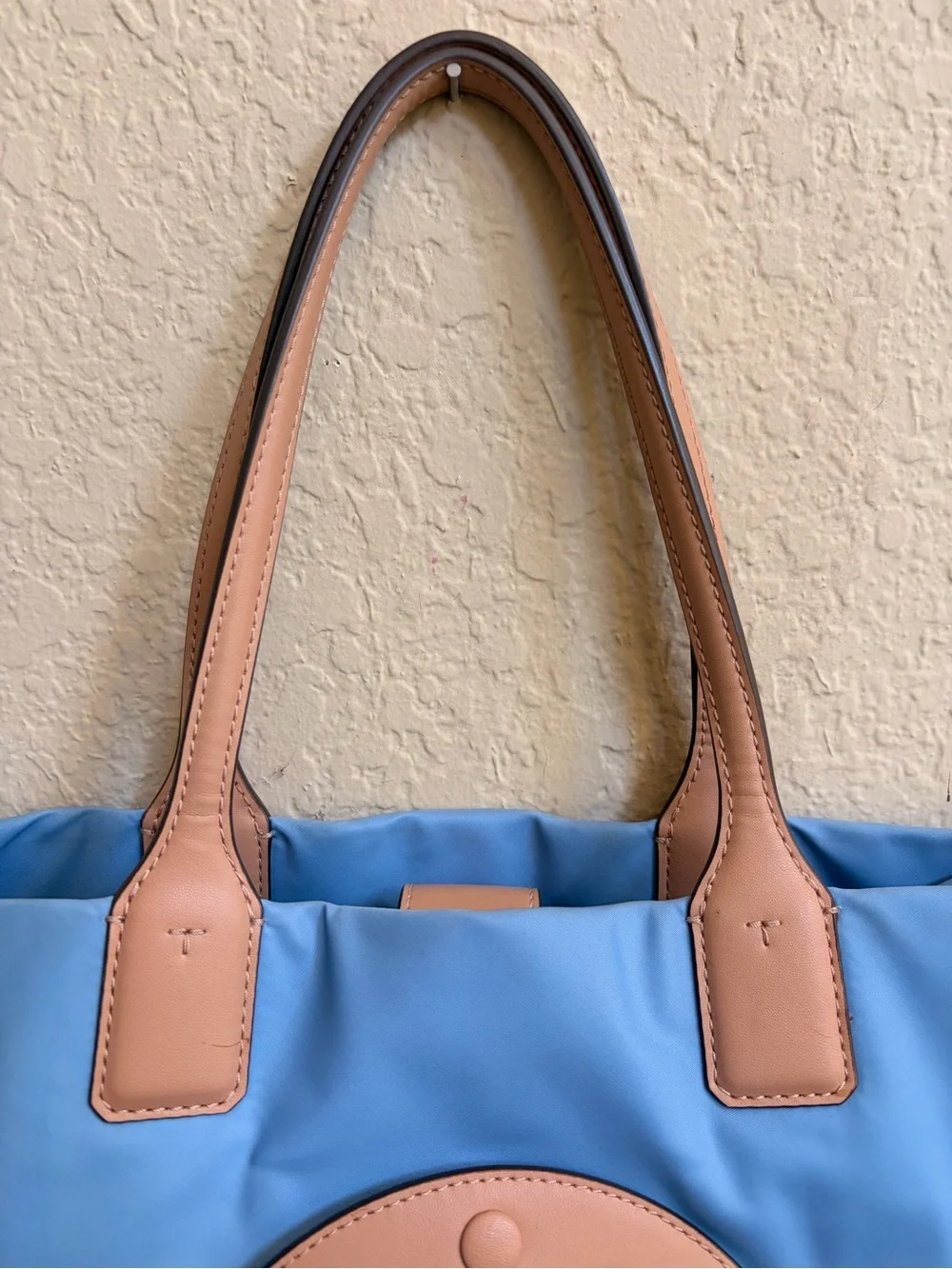 🦋Tory Burch Light Blue Nylon Tote w/ Tan Leather Trim